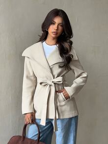SHEIN Glamour معطف نسائي كاجوال بلون موحد وأكمام طويلة وياقة كبيرة للخريف/الشتاء - كاكي - مشاهدة 5