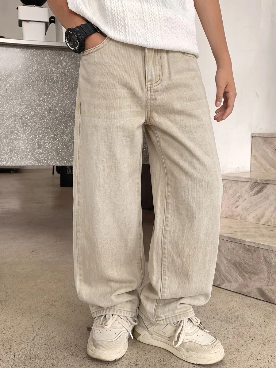SHEIN 青少年男孩休閒日常穿著牛仔長褲,附口袋 - 卡其色 - 查看 1