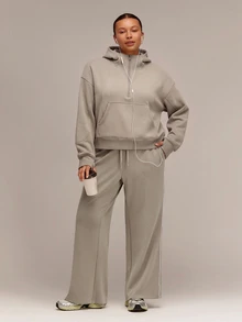 GLOWMODE Plus Size Everyday Fleece Keep It Cozy Oversized Half-Zip Hoodie With Thumbholes & Side Pockets Daily Casual Fall Winter Wear - Khaki - View 7