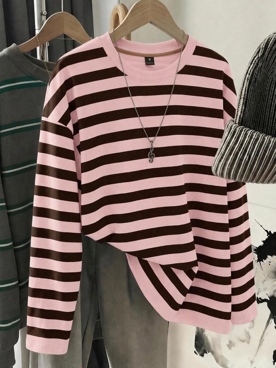 SHEIN EZwear 休閒簡約粉色條紋圓領長袖寬鬆版型T恤，適合春秋穿著 - 彩色 - 查看 1