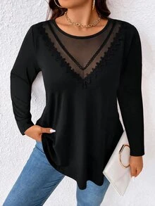 EMERY ROSE Plus Size Women's T-Shirt, Elegant Sexy Casual Minimalist Commuter Versatile Round Neck Lace Mesh Patchwork Design Long Sleeve, Suitable For Spring And Autumn - Black - View 6