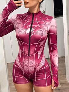 SHEIN ICON Women's Spider Print Casual Daily Wear Romper - Hot Pink - View 4