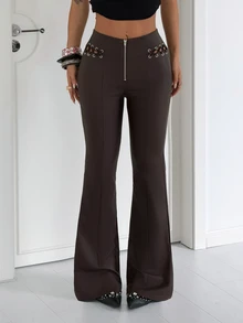 Jeanoix Women's Tie-Front Design Casual Versatile Everyday Flare Leg Pants - Chocolate Brown - View 3