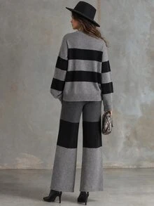 Solivie Women's Autumn/Winter Sweater 2 Pieces Set, Grey And Black Color Block Design Women Fall Winter Sweater Winter Set - Grey - View 2