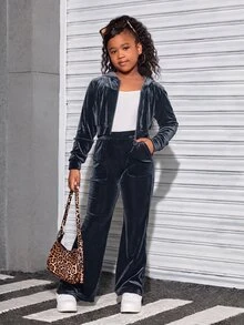SHEIN 青少年女孩天鵝絨連帽開襟衫與長褲運動休閒套裝 - 藍色 - 查看 4