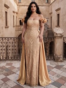 Coutiva Off-Shoulder Sweetheart Neckline Heavy Beaded Embroidery 3D Floral Decor Fitted Mermaid Side Slit Patchwork Train Long Dress - Dusty Pink - View 6