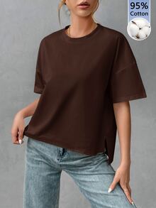 SHEIN Essnce 純棉舒適女款極簡基本款前短後長T恤，時尚，適合外出、搭配、旅行、度假，棕色 - 棕色 - 查看 1