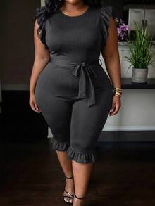 Slaydiva Women's Ruffle Sleeveless Fitted Cropped Jumpsuit With Belt, Black - Dark Grey - View 3