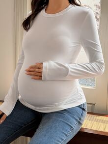 DAZY Solid Color Slim Fit Elastic Daily Versatile Korean Style Spring/Autumn Maternity T-Shirt - White - View 3