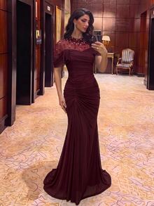 Aureia 優雅奢華珠飾鑽石透視拼接彈性針織網紗抓皺袖魚尾裙，適合婚禮、活動、單身派對、度假、舞會、節慶、派對、音樂節、畢業季、新娘晚禮服 - 酒紅色 - 查看 5
