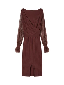 LUMIGAL Women's Lace Patchwork Front Slit Sweater Dress - Coffee Brown - View 5