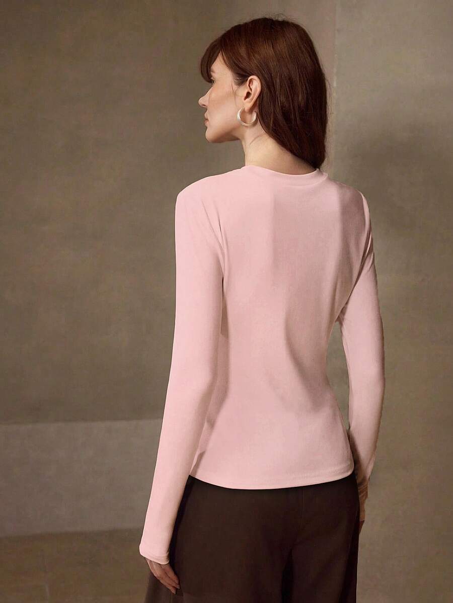 MOTF PREMIUM STRETCHY SKIN-FRIENDLY SOLID COLOR ROUND NECK SLIM FIT FASHIONABLE LONG SLEEVE VERSATILE WOMEN'S BASE LAYER TOP - Baby Pink - View 2