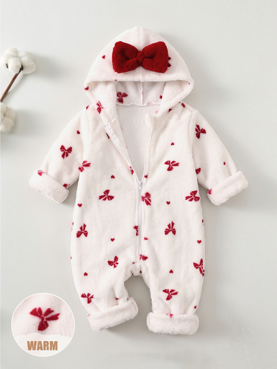 SHEIN Baby Girl Casual Comfortable Daily Versatile Fuzzy Bowknot Pattern Hooded Romper