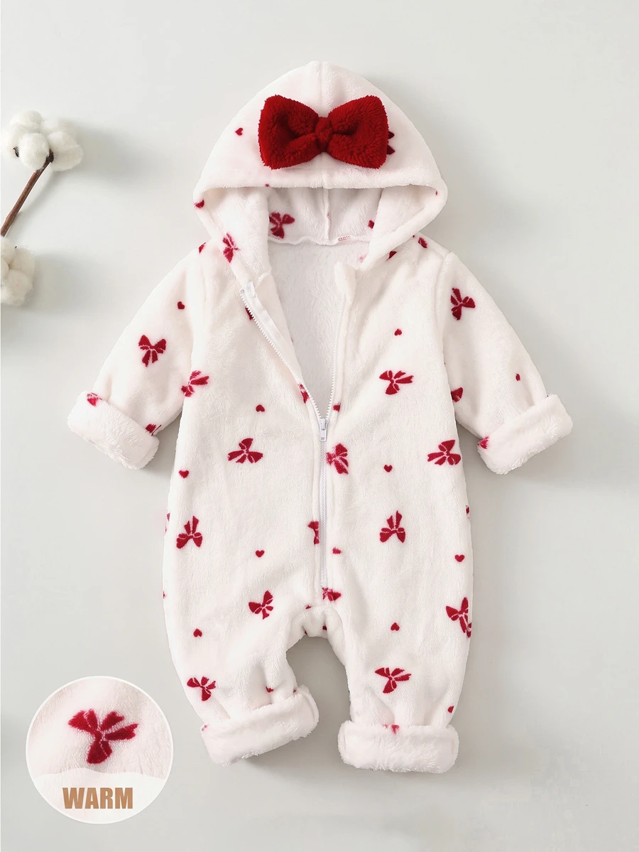 SHEIN Baby Girl Casual Comfortable Daily Versatile Fuzzy Bowknot Pattern Hooded Romper - White - View 1