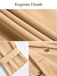 SOLERSUN Women's Solid Color Pleated Waist Knot Casual Versatile Trench Coat Jacket - Khaki - View 7
