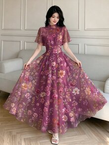 Modelyn 花卉水彩紮染印花半高領荷葉邊短袖法式長洋裝，百褶腰收身顯瘦，淡粉色網紗 - 彩色 - 查看 4
