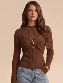 Bluhae كنزة نسائية للخريف/الشتاء بلون موحد وياقة واقفة وتصميم ملتوي وأكمام طويلة وقصة ضيقة عصرية - بني - مشاهدة 4