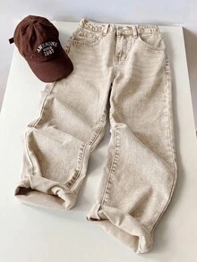 SHEIN 青少年男孩休閒日常穿著牛仔長褲，附口袋 - 卡其色 - 查看 6