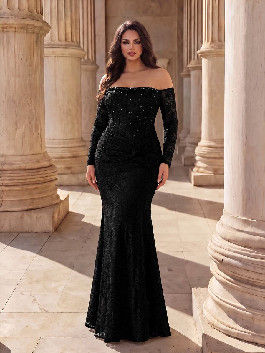 Coutiva فستان سهرة طويل أنيق وفاخر بكتف مكشوف ضيق مناسب للعشاء الرسمي وحفلات المساء والزفاف باللون البني الخريفي - الأسود - مشاهدة 1