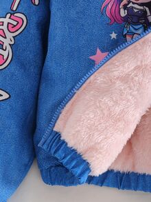 SHEIN 青少年女孩藍色冬季夾克 抓絨內裡連帽衫 K-Pop卡通圖案人造毛連帽背心 保暖寒冷天氣穿搭 - 藍色 - 查看 6