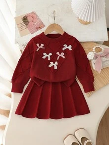 SHEIN 2件組女童幼兒圓領套頭可愛長袖3D多色蝴蝶結裝飾毛衣與百褶裙，柔軟舒適面料，時尚秋冬套裝，適合外出、聚會、聖誕節、假日派對、娛樂及各種場合 - 紅色 - 查看 8