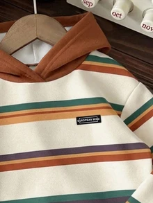 Young Boy Hooded Long Sleeve Sweatshirt With Striped Pattern, Suitable For Autumn/Winter - Multicolor - View 3