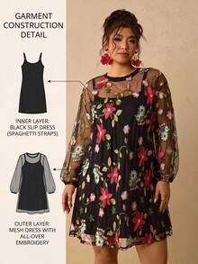 SHEIN VCAY Plus Size Women's Floral Embroidered Mesh Round Neck Long Sleeve Fashion 2 In 1 Dress - Black - View 1