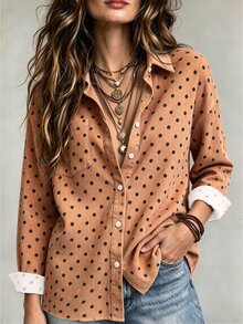 Franclia Women's Polka Dot Casual Daily Long Sleeve Blouse - Camel - View 3