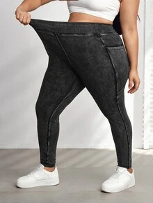 SHEIN CURVE+ بنطلون جينز ضيق عالي المرونة مع جيوب جانبية كاجوال مقاس كبير - الأسود - مشاهدة 7