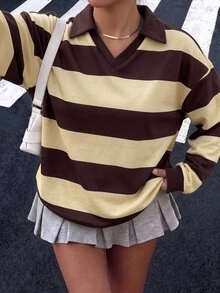 Muchica 女款休閒條紋 Polo 領落肩衛衣 秋/冬款 - 彩色 - 查看 3