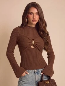 Bluhae كنزة نسائية للخريف/الشتاء بلون موحد وياقة واقفة وتصميم ملتوي وأكمام طويلة وقصة ضيقة عصرية - بني - مشاهدة 1