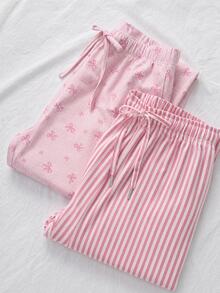 SHEIN Women Cotton 2 Pcs Fake Drawstring Solid Color Sleep Pants Home Wear Comfort Set - Baby Pink - View 4