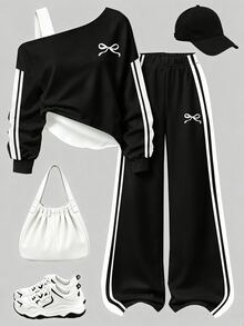 青少年女孩秋季蝴蝶結 Logo 露肩上衣與寬腿運動長褲 2 件套，休閒運動風秋季穿搭 - 黑色 - 查看 1