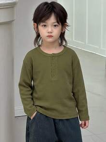 Dazy Kids Young Boy Solid Color Casual Daily Long Sleeve T-Shirt - Army Green - View 4