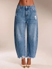 SHEIN Tall 女款街頭風鈕扣口袋水洗破洞牛仔褲 - 中等水洗藍 - 查看 6