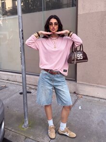 Muchica 秋冬款純色粉色修身短版 T-shirt，附蝴蝶結裝飾 - 淺粉色 - 查看 7