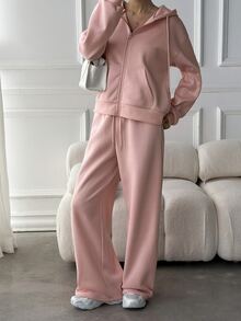 Livesso Women's Casual Solid Color Zip-Up Hoodie And Pants 2 Pieces Set - Pink - View 3