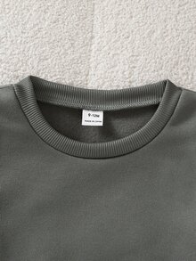 SHEIN 2件組嬰兒男寶寶秋冬套裝，刷毛內裡印花衛衣搭配梭織黑白條紋長褲，適合外出與節日穿著 - 灰色 - 查看 5