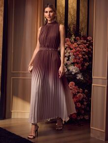 MOTF PREMIUM ELEGANT BROWN OMBRE CHIFFON DRESS WOMEN SLEEVELESS PLEATED BELTED RUCHED EVENING PARTY GOWN - Brown - View 7