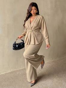 Auralis Plus Size Cross V-Neck Metal Buckle Decor Long Sleeve Top & Straight Leg Pants/Elastic Waistband Set/Khaki – Work/Casual - Khaki - View 5