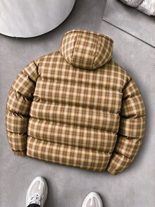 Manfinity Homme معطف شتوي مبطن بغطاء رأس كاجوال متعدد الاستخدامات بنقشة مربعات للرجال - بني - مشاهدة 2