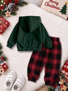 Young Boy Christmas Letter & Light Print Hoodie And Plaid Jogger Pants Set, 2 Pieces Casual Outfit - Multicolor - View 2