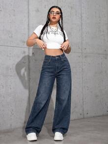 女款口袋設計寬腿鬆垮休閒百搭牛仔褲 - 深色水洗藍 - 查看 3