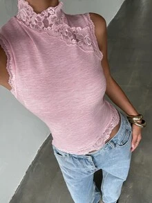 Aloruh 女款蕾絲拼接修身百搭休閒優雅浪漫T恤，夏季海灘約會外出度假波希米亞風上衣，白色與銀色 - 粉色 - 查看 7