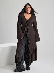 SHEIN ICON ICON 大尺碼女款 V 領前綁帶喇叭袖針織上衣 秋季款 - 棕色 - 查看 3