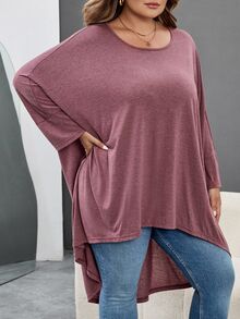 SHEIN CURVE+ 大尺碼女款寬鬆蝙蝠袖不對稱下擺圓領純色彈性舒適休閒夏季上衣，適合秋冬 - 酒紅色 - 查看 5