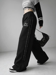 FRIFUL Women's Casual Letter Drawstring Loose Sweatpants - Black - View 8