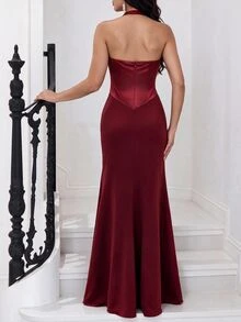 Modelyn Solid Color Pleated Design Strapless Fitted Mermaid Hem Elegant Bridesmaid Dress (Adult) - Burgundy - View 2