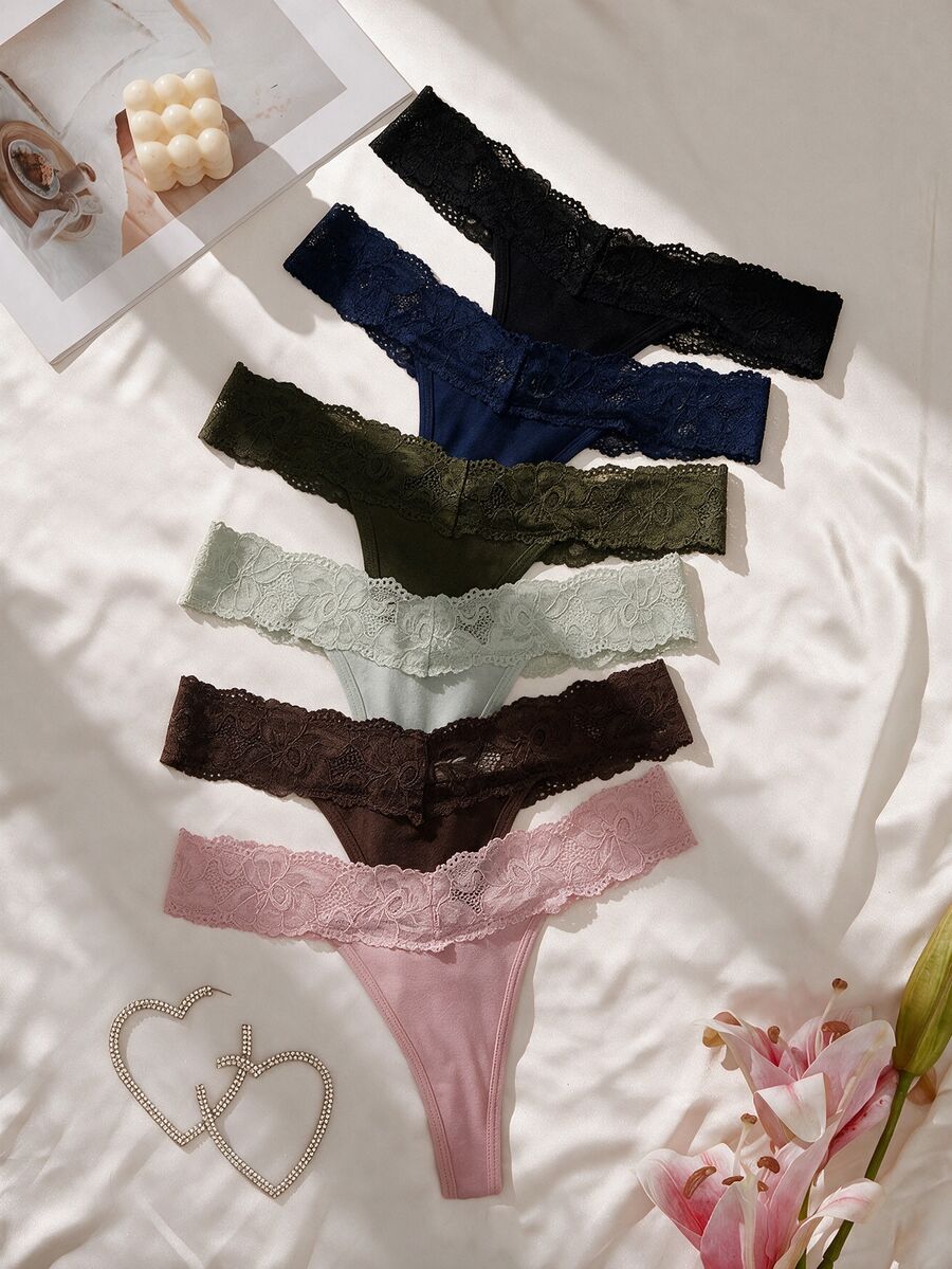 SHEIN 6件裝蕾絲腰帶低腰女款丁字褲 - 彩色 - 查看 1
