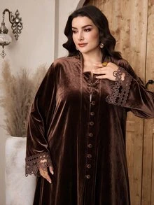 Al Najma عباية نسائية مقاس كبير بلون موحد كاجوال للحفلات - بني - مشاهدة 1